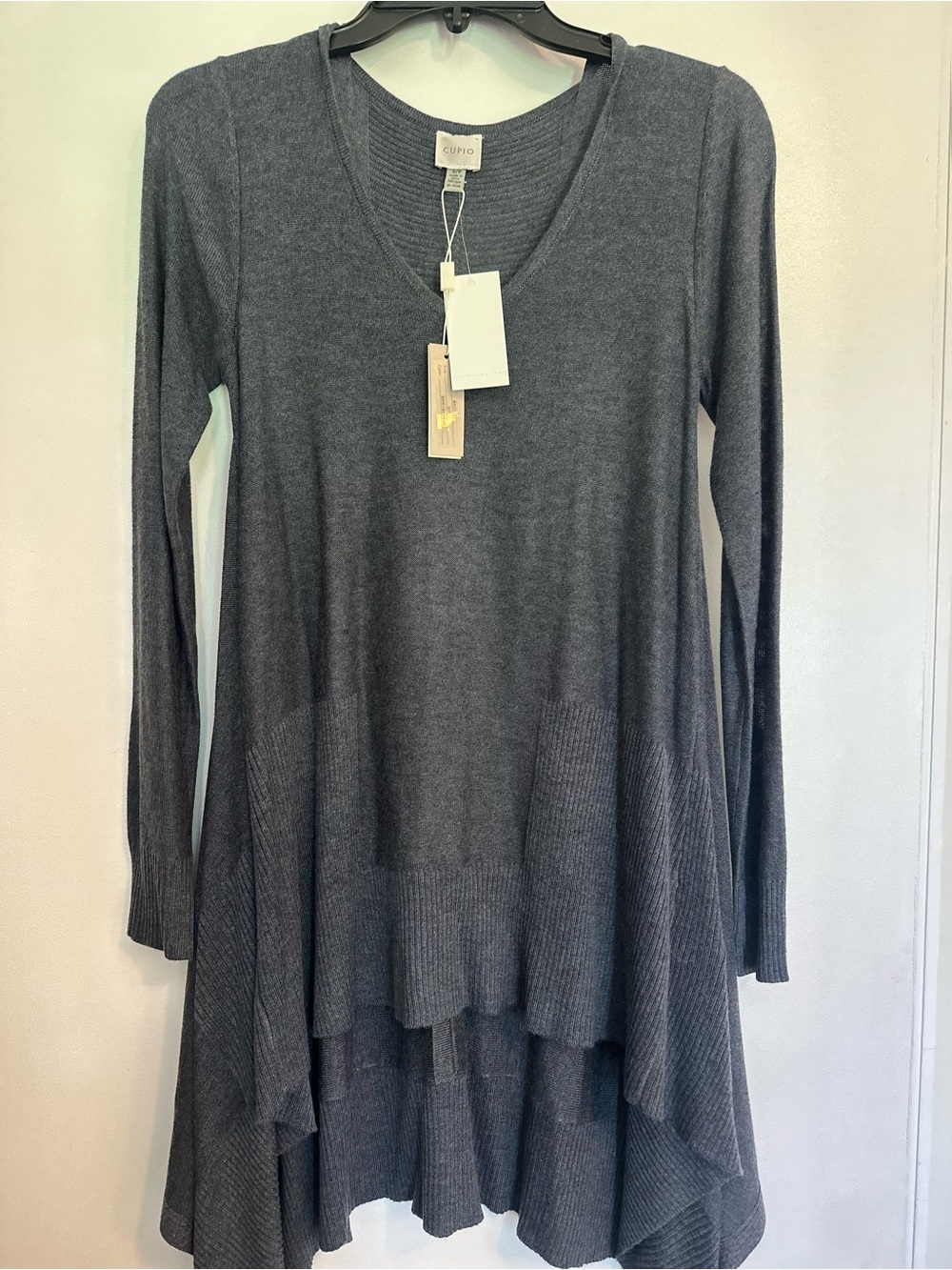 Cupio Charcoal V-Neck Long Sleeve Layered Knit Dress